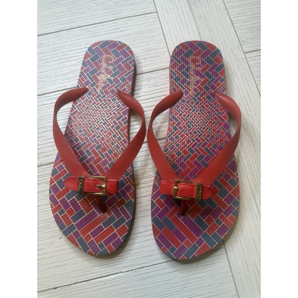 Cole Haan Womens Red Geometric Gold Buckle Flip Flop Sandals -Size‎ 9